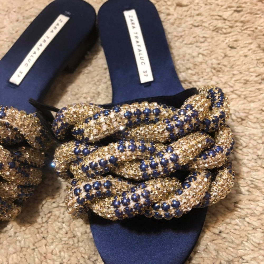 NWT ZARA Gem Encrusted Navy Satin Slides 6 - Picture 2 of 5